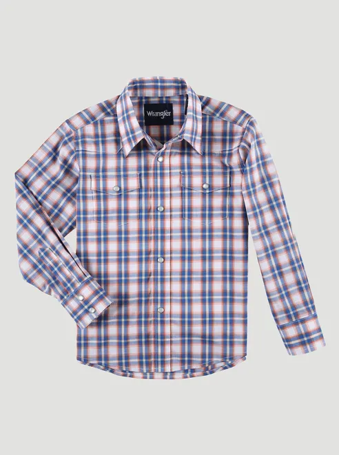 112324676- Wrangler Boy’s Wrinkle Resist Western Snap Plaid Shirt - Orange Pop