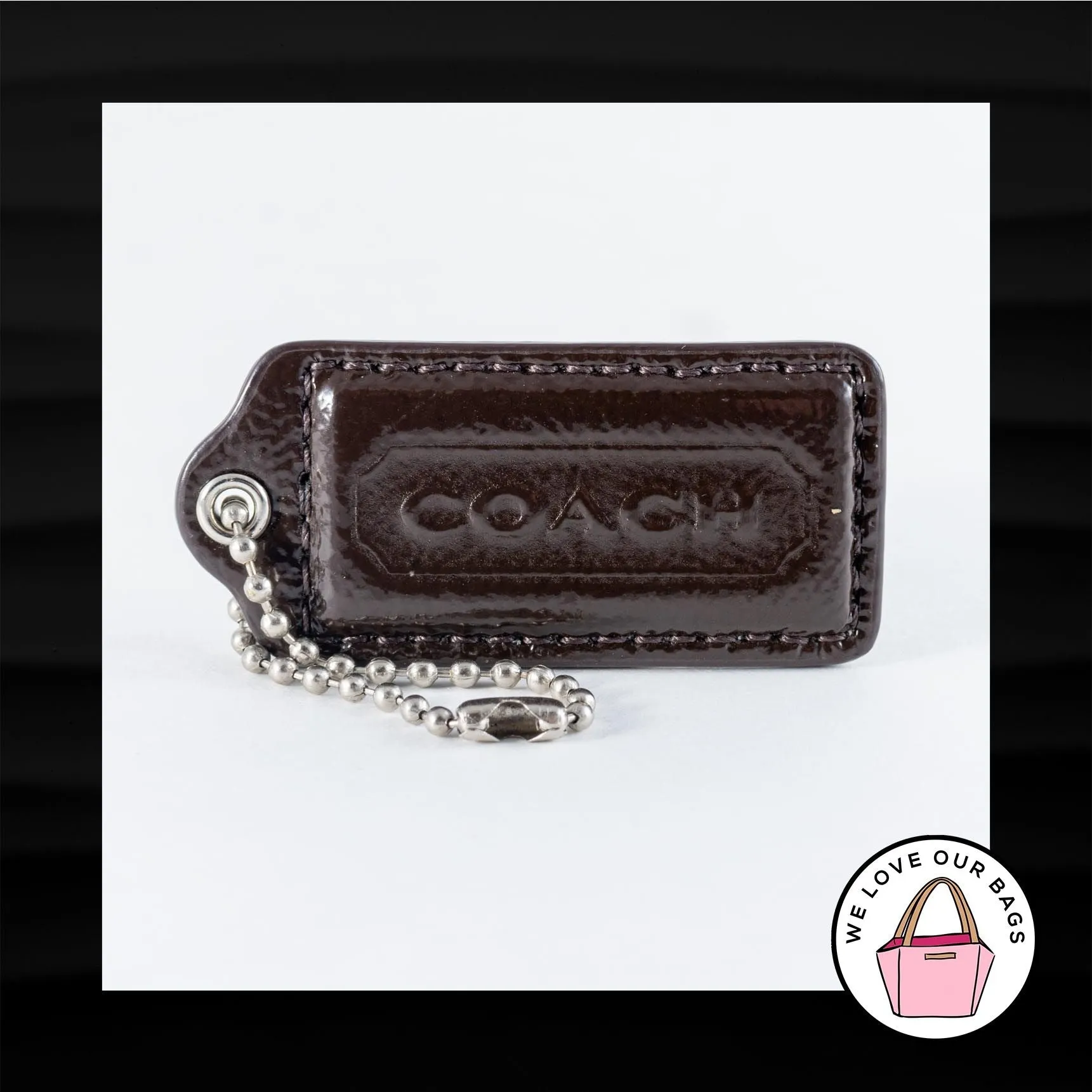 2.25" Medium COACH BROWN PATENT LEATHER KEY FOB BAG CHARM KEYCHAIN HANGTAG TAG