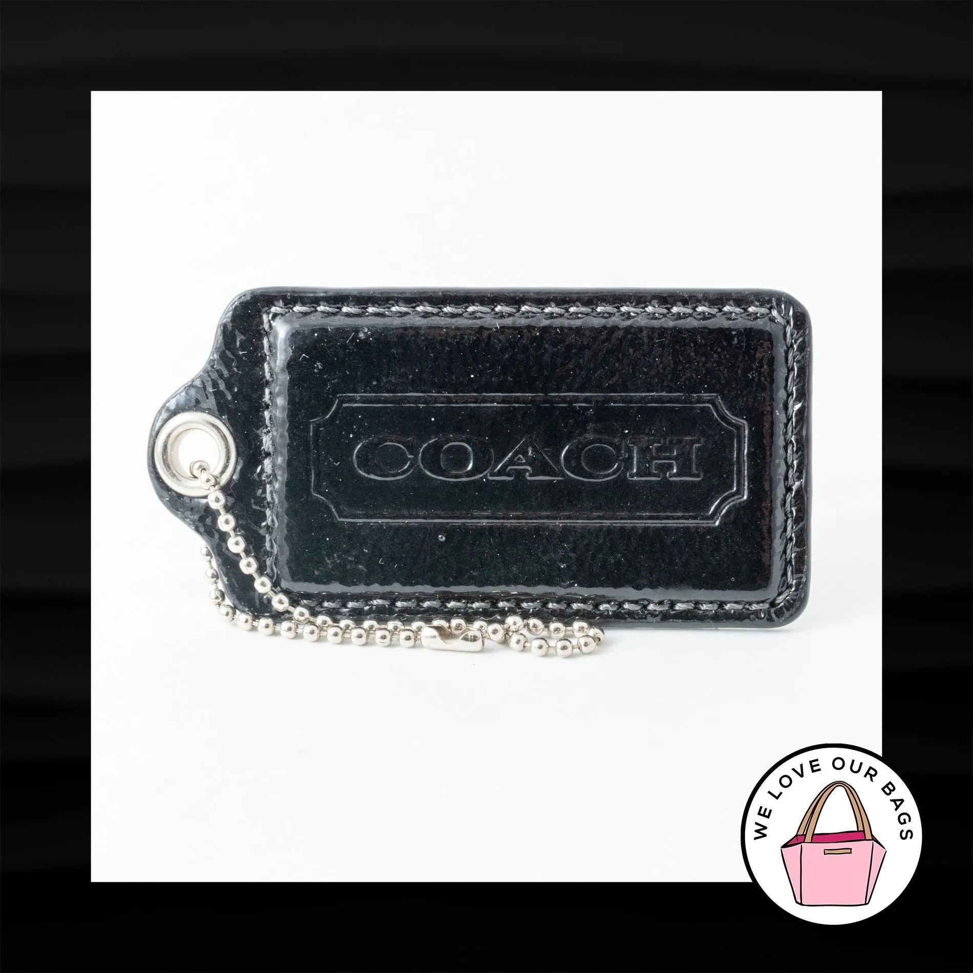 3.5" XL COACH BLACK PATENT LEATHER KEY FOB BAG CHARM KEYCHAIN HANGTAG TAG