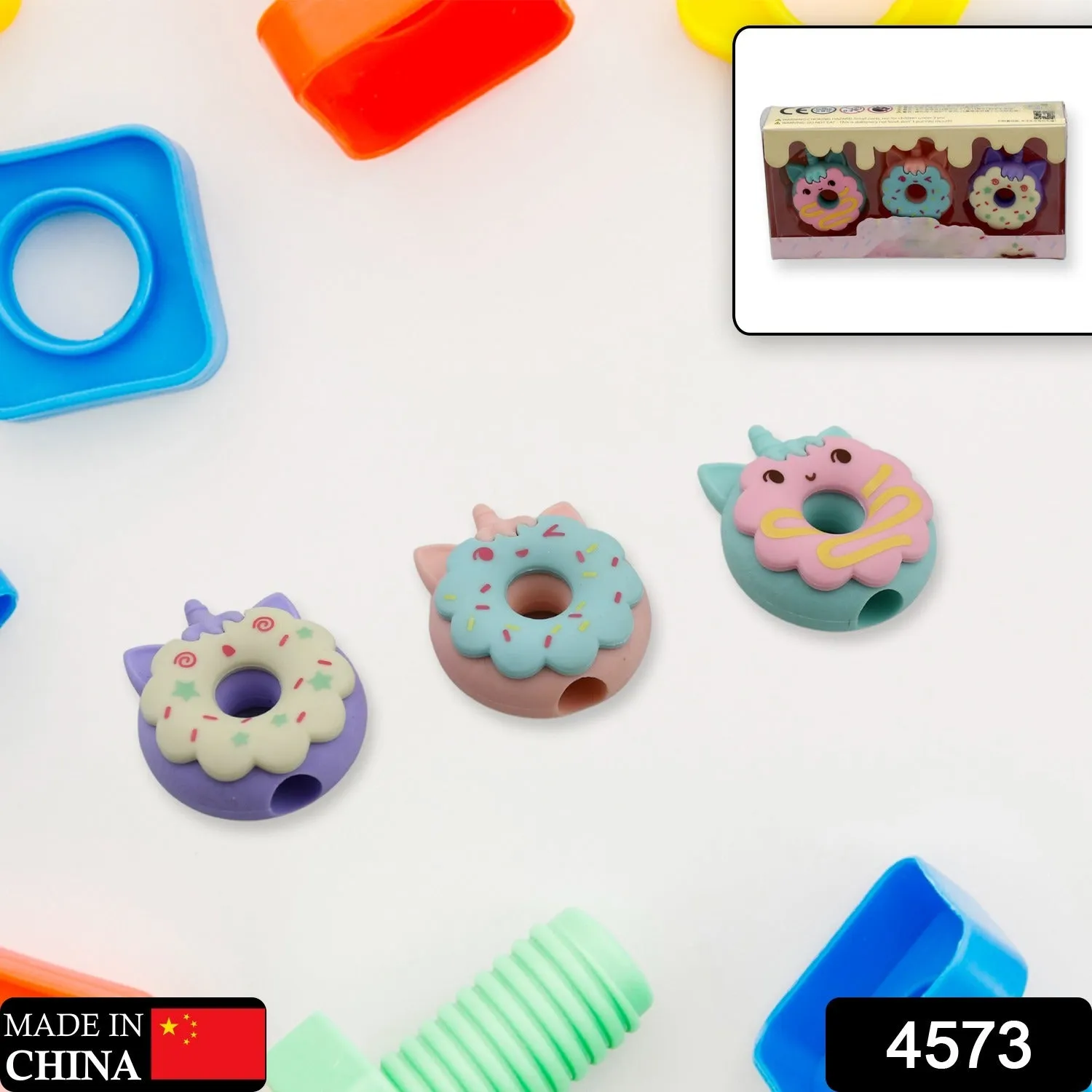 4573 Tree Small Sized Cartoon Themed Non-Toxic Donut Erasers, School Stationery | for Kids - Boys & Girls | Birthday Gift |Return Gift (3pc Set)