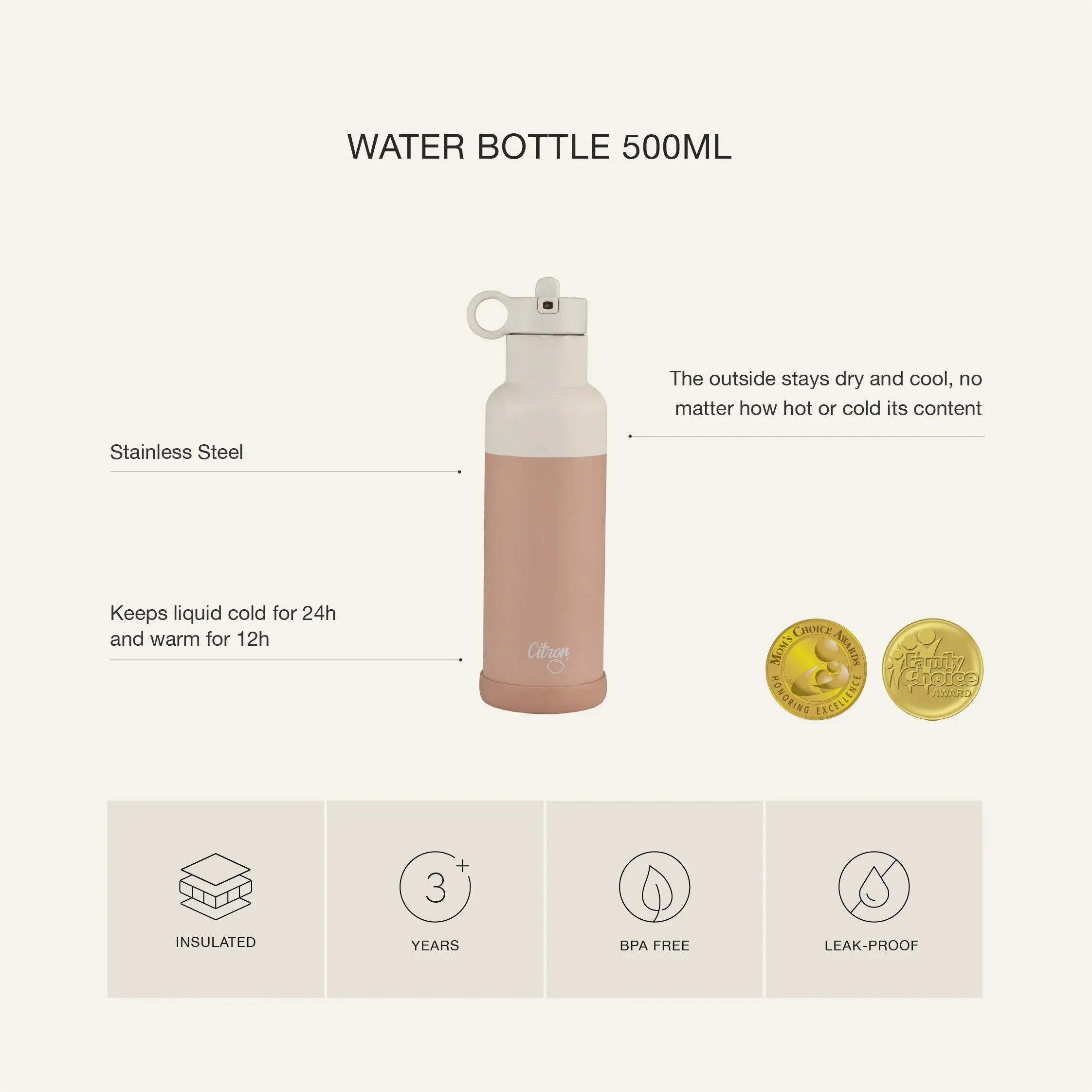 500ml Insulated Water Bottle Brown