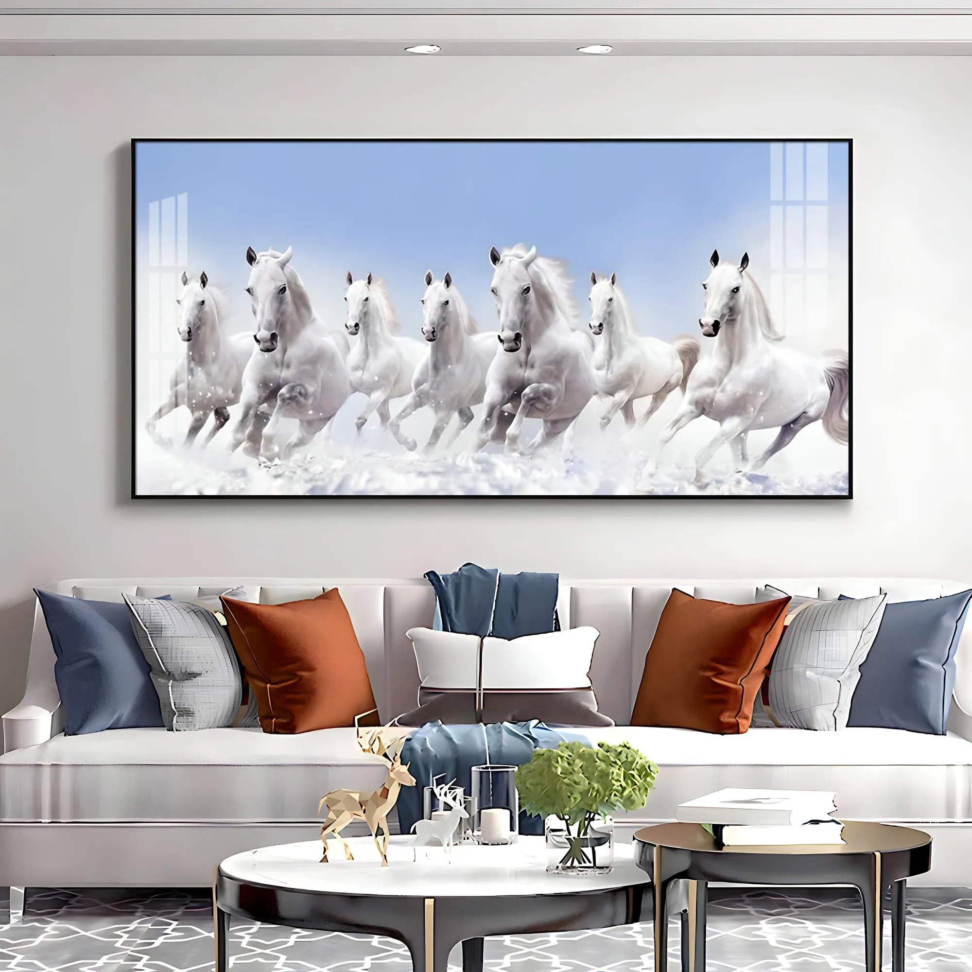 7 Running White Horses in The Sea Premium Acrylic Horizontal Wall Art