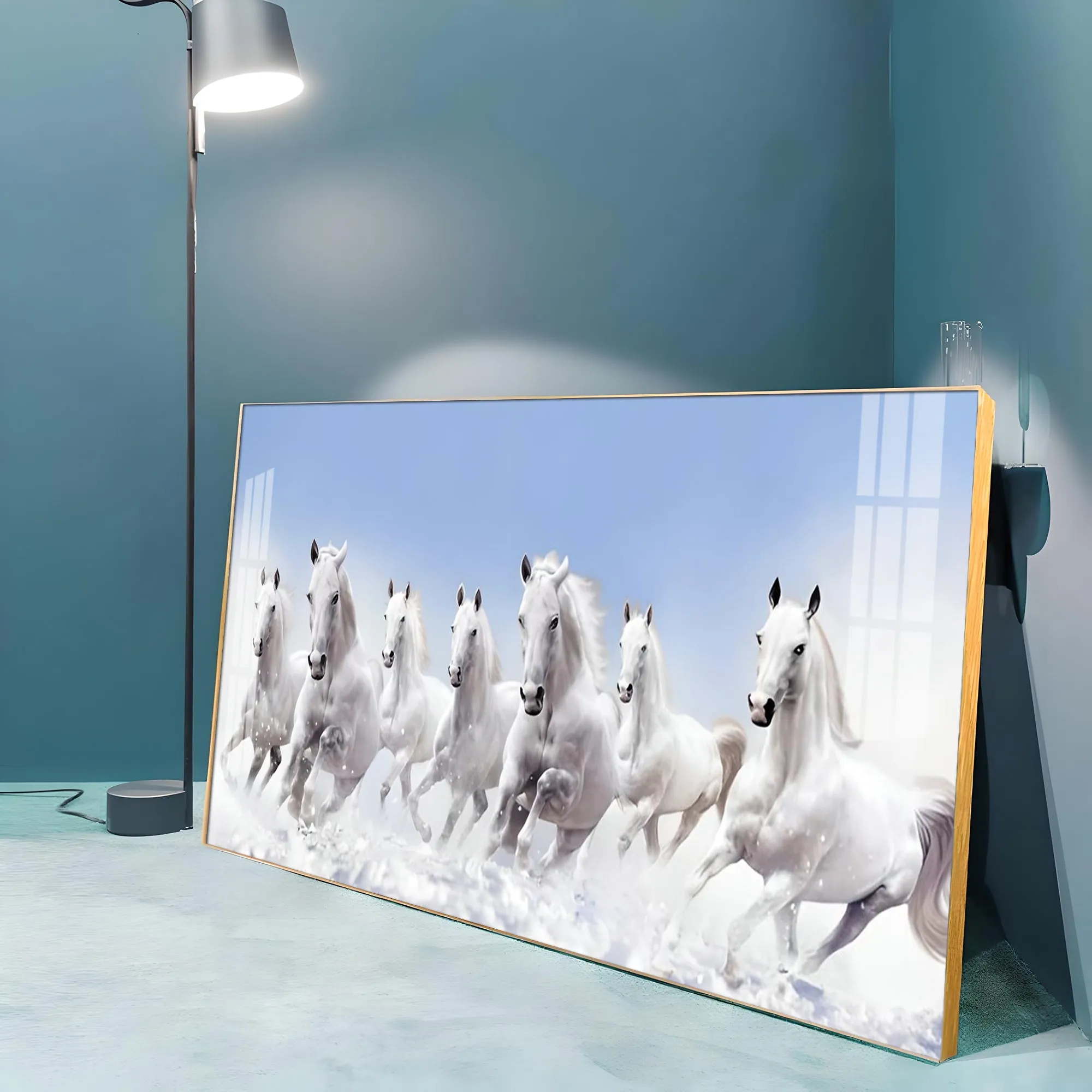 7 Running White Horses in The Sea Premium Acrylic Horizontal Wall Art