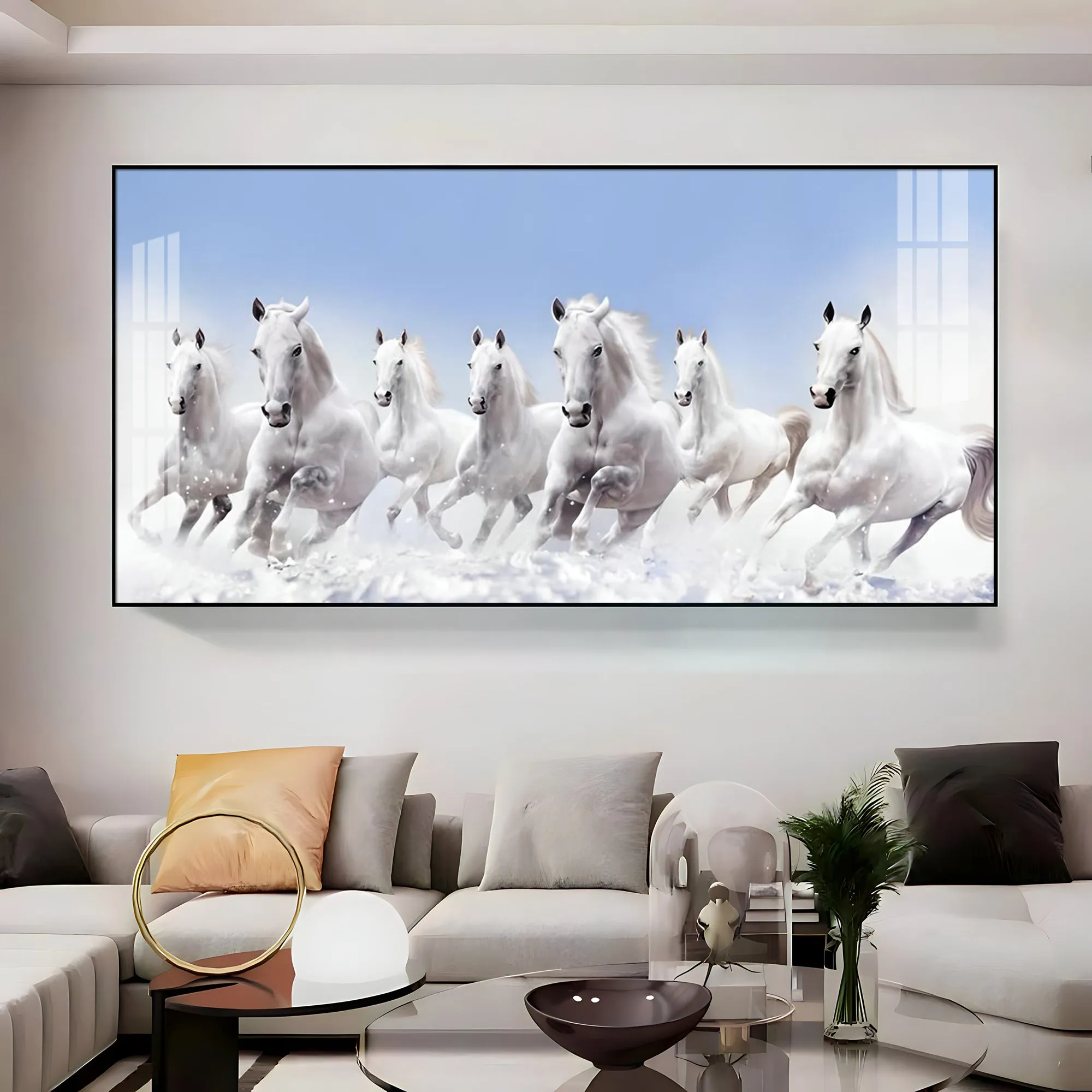 7 Running White Horses in The Sea Premium Acrylic Horizontal Wall Art