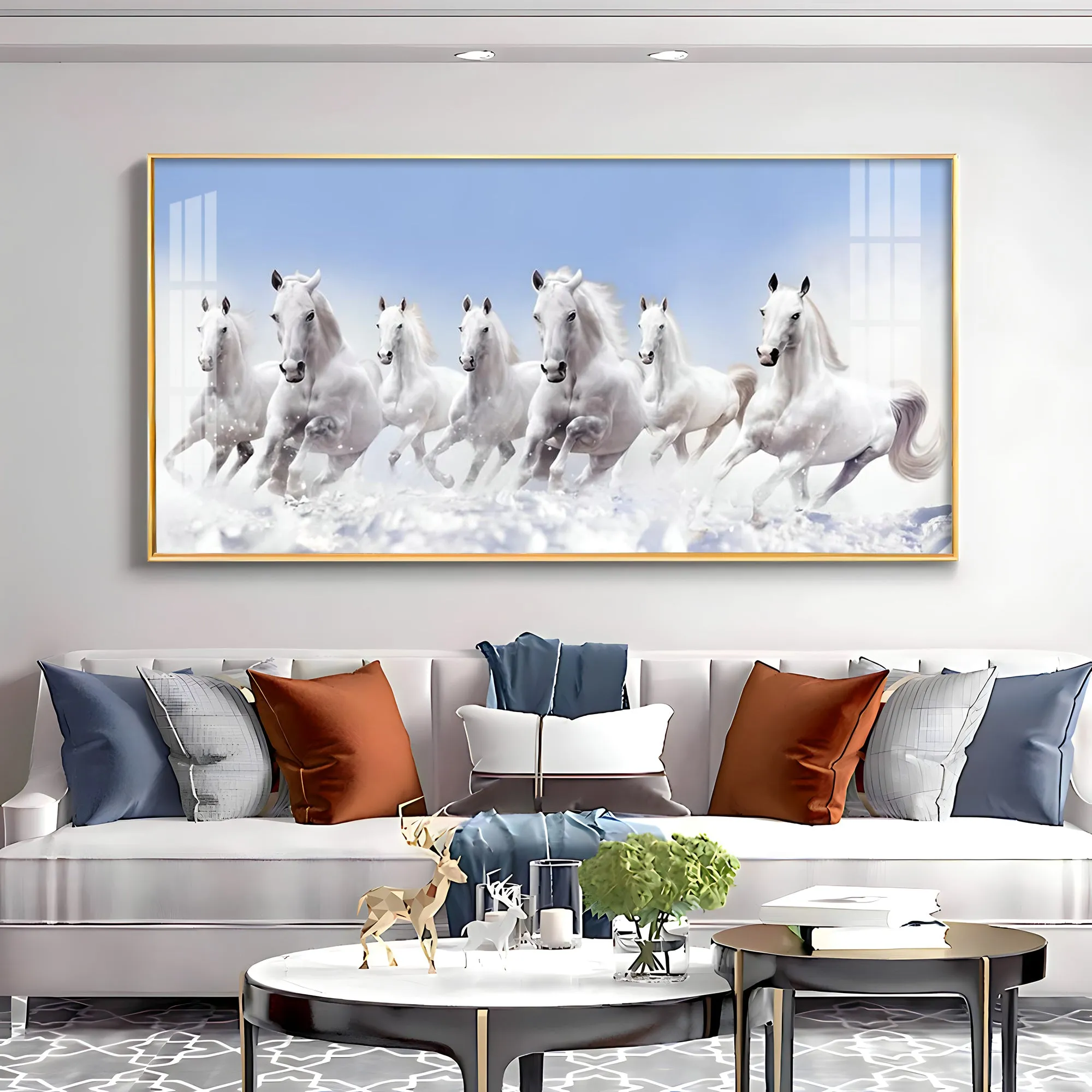 7 Running White Horses in The Sea Premium Acrylic Horizontal Wall Art