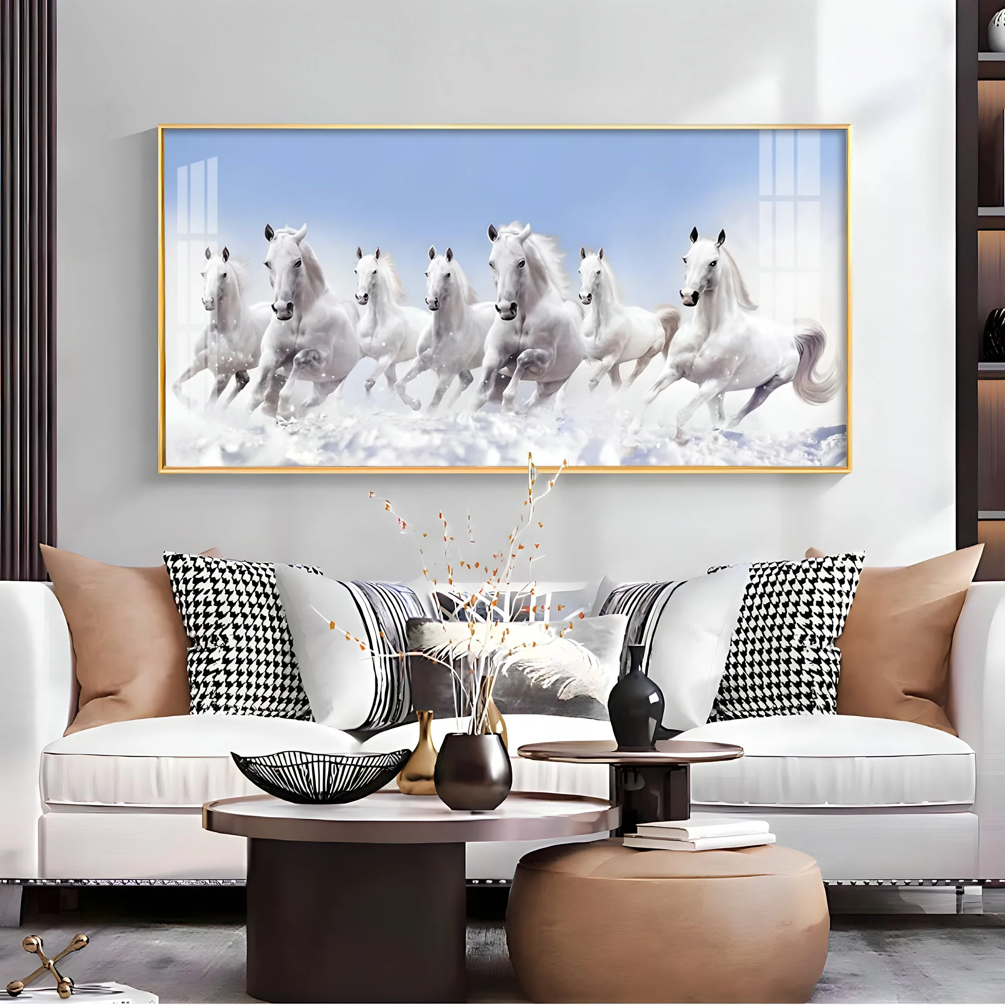 7 Running White Horses in The Sea Premium Acrylic Horizontal Wall Art