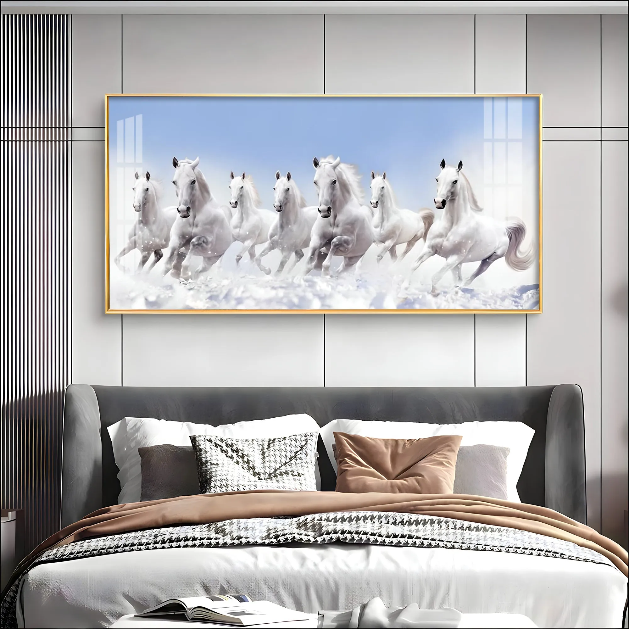 7 Running White Horses in The Sea Premium Acrylic Horizontal Wall Art