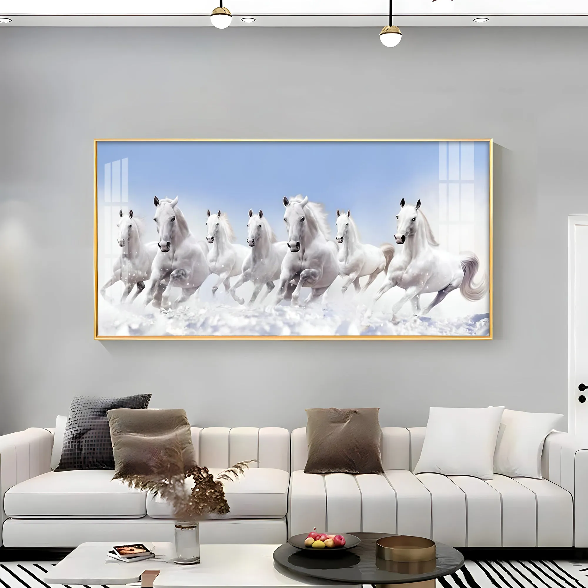 7 Running White Horses in The Sea Premium Acrylic Horizontal Wall Art