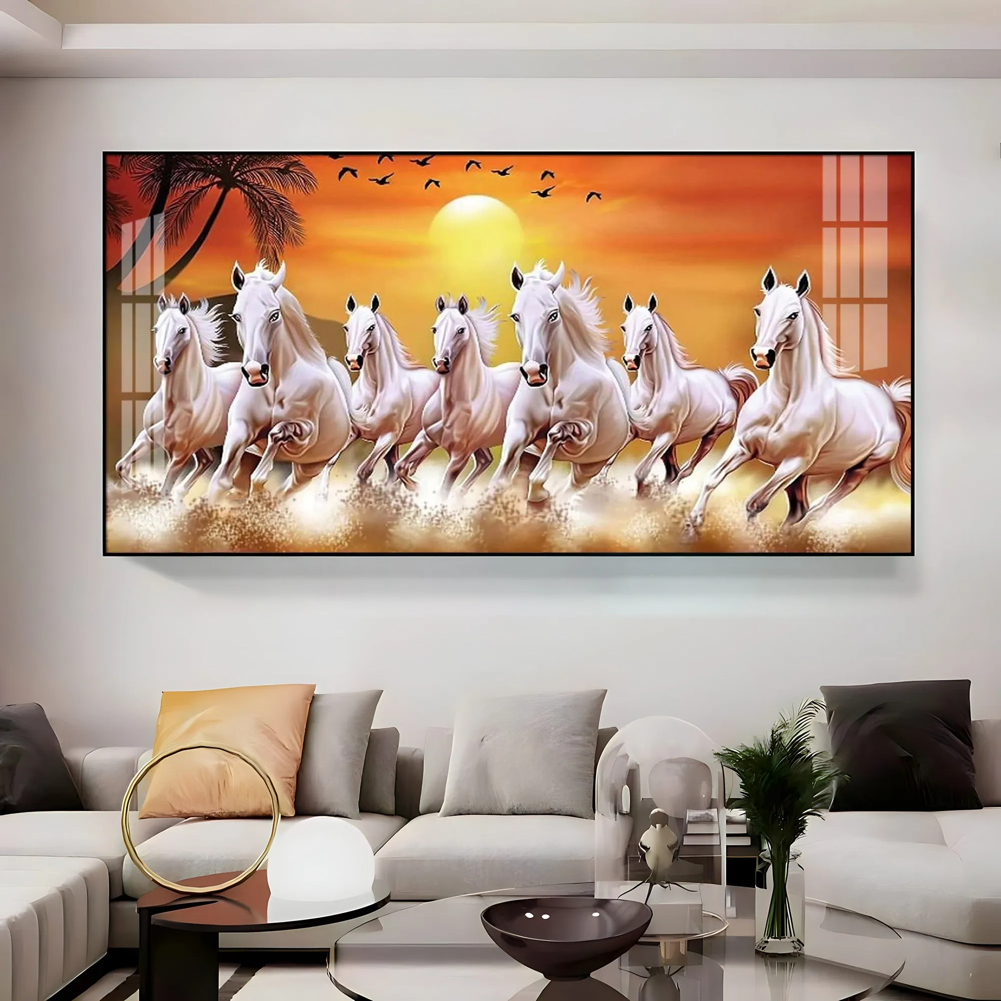 7 White Running Horses in The Sea With Sunrise Premium Acrylic Horizontal Wall Art