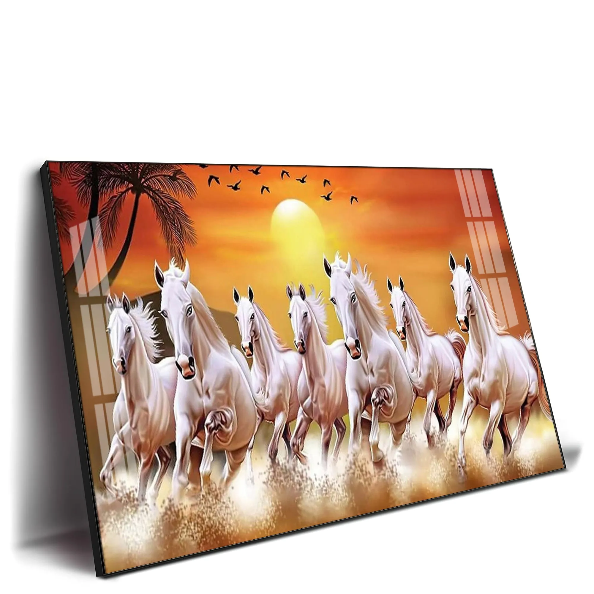 7 White Running Horses in The Sea With Sunrise Premium Acrylic Horizontal Wall Art