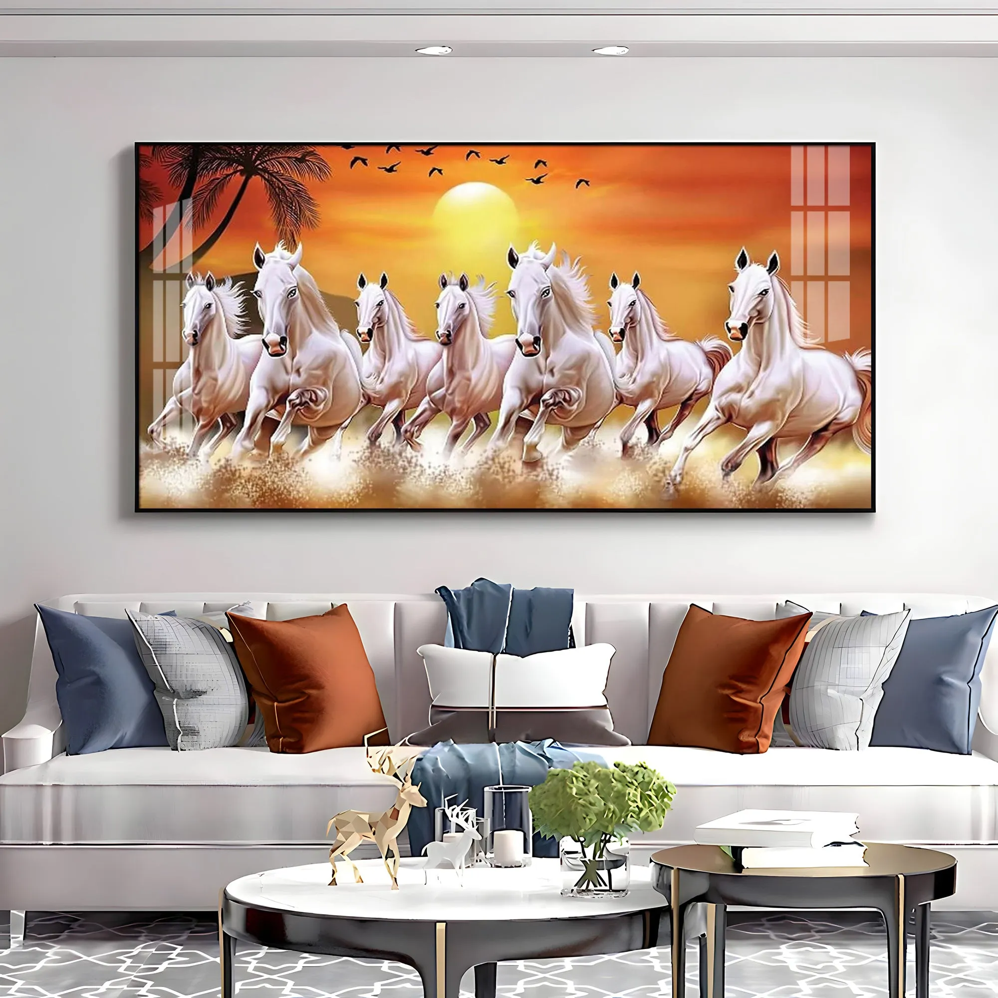 7 White Running Horses in The Sea With Sunrise Premium Acrylic Horizontal Wall Art