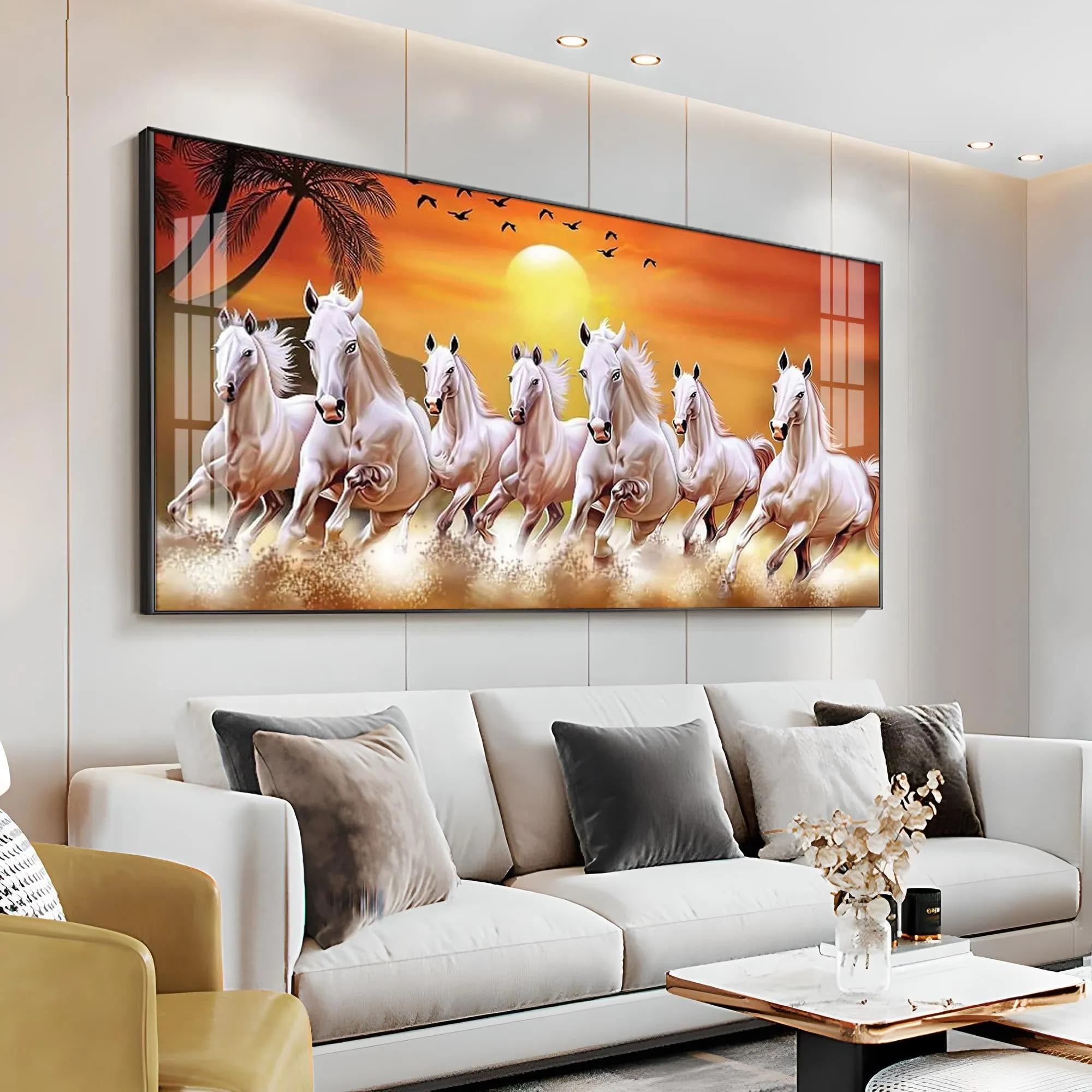 7 White Running Horses in The Sea With Sunrise Premium Acrylic Horizontal Wall Art