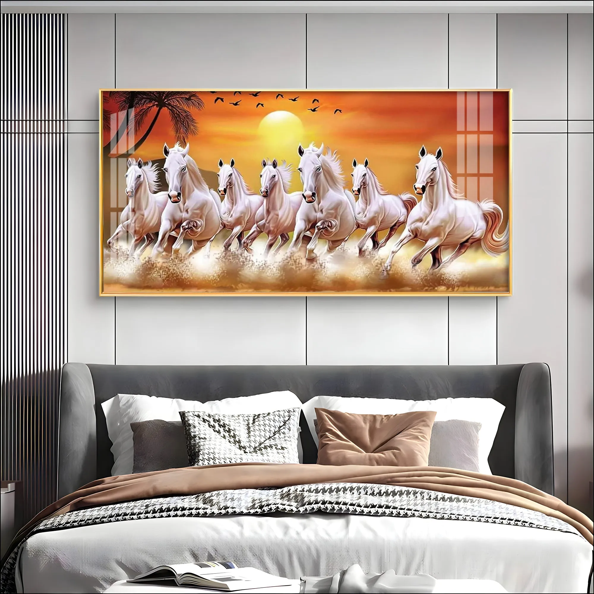 7 White Running Horses in The Sea With Sunrise Premium Acrylic Horizontal Wall Art