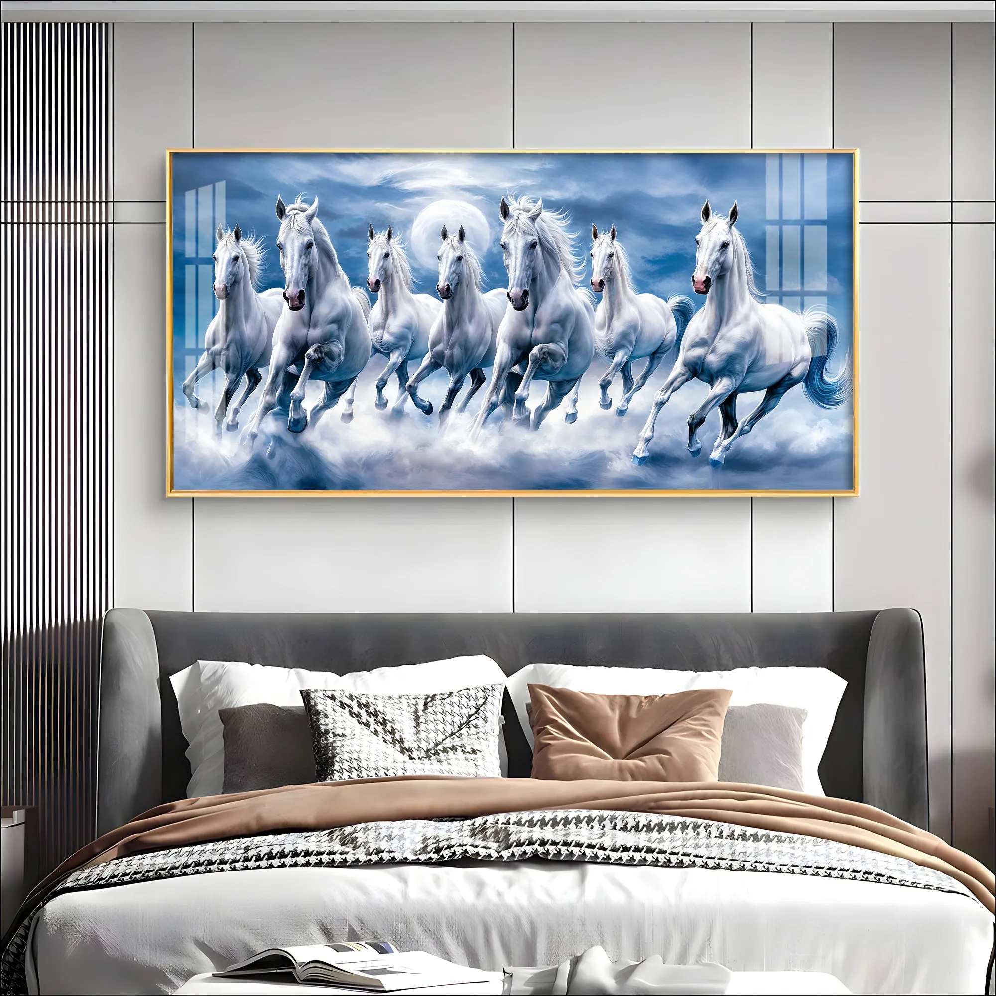 7 White Running Horses With Sunrise Premium Acrylic Horizontal Wall Art