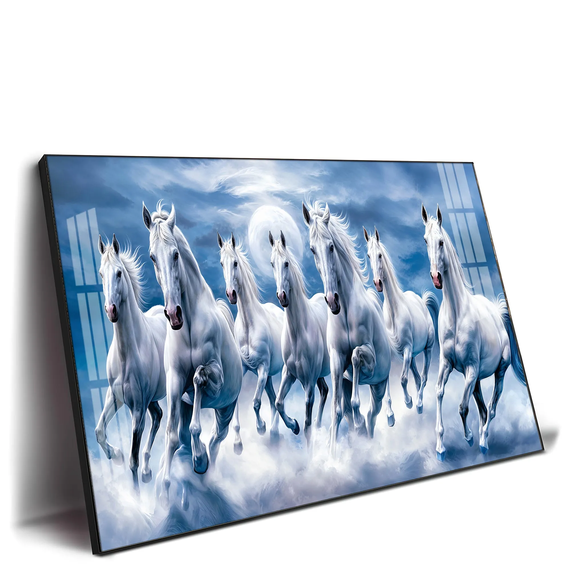 7 White Running Horses With Sunrise Premium Acrylic Horizontal Wall Art