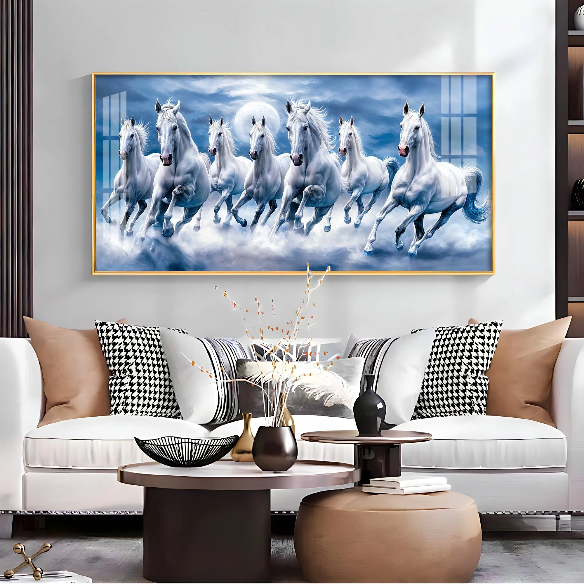 7 White Running Horses With Sunrise Premium Acrylic Horizontal Wall Art