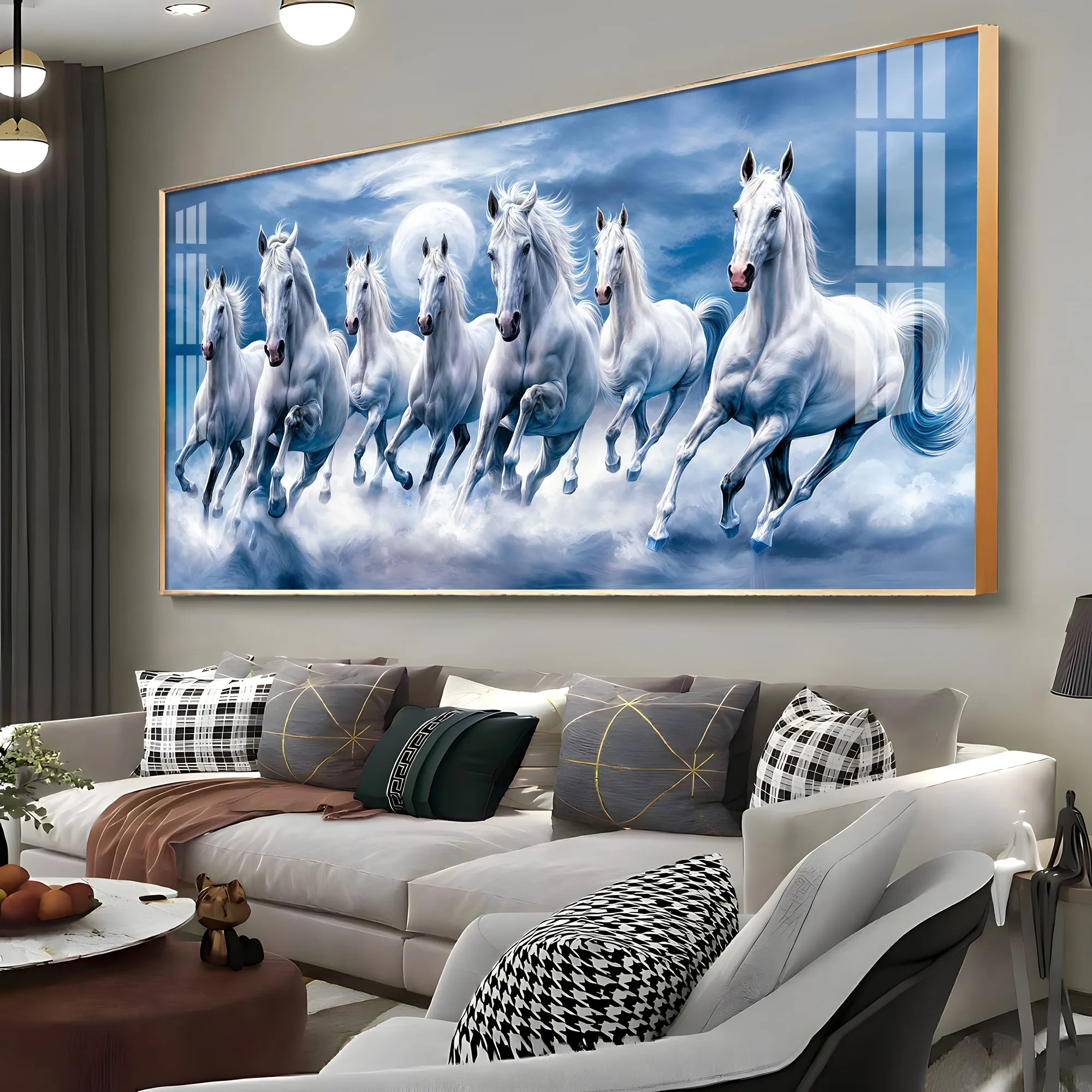 7 White Running Horses With Sunrise Premium Acrylic Horizontal Wall Art