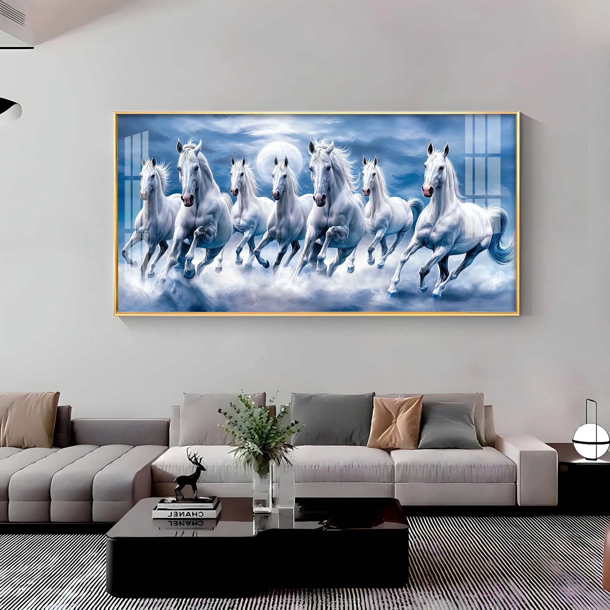 7 White Running Horses With Sunrise Premium Acrylic Horizontal Wall Art