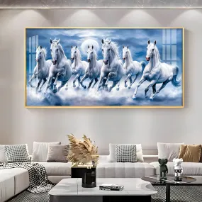 7 White Running Horses With Sunrise Premium Acrylic Horizontal Wall Art