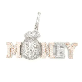 .925 Silver MONEY Bag Baguette VVS CZ Iced Out Pendant Rose/White