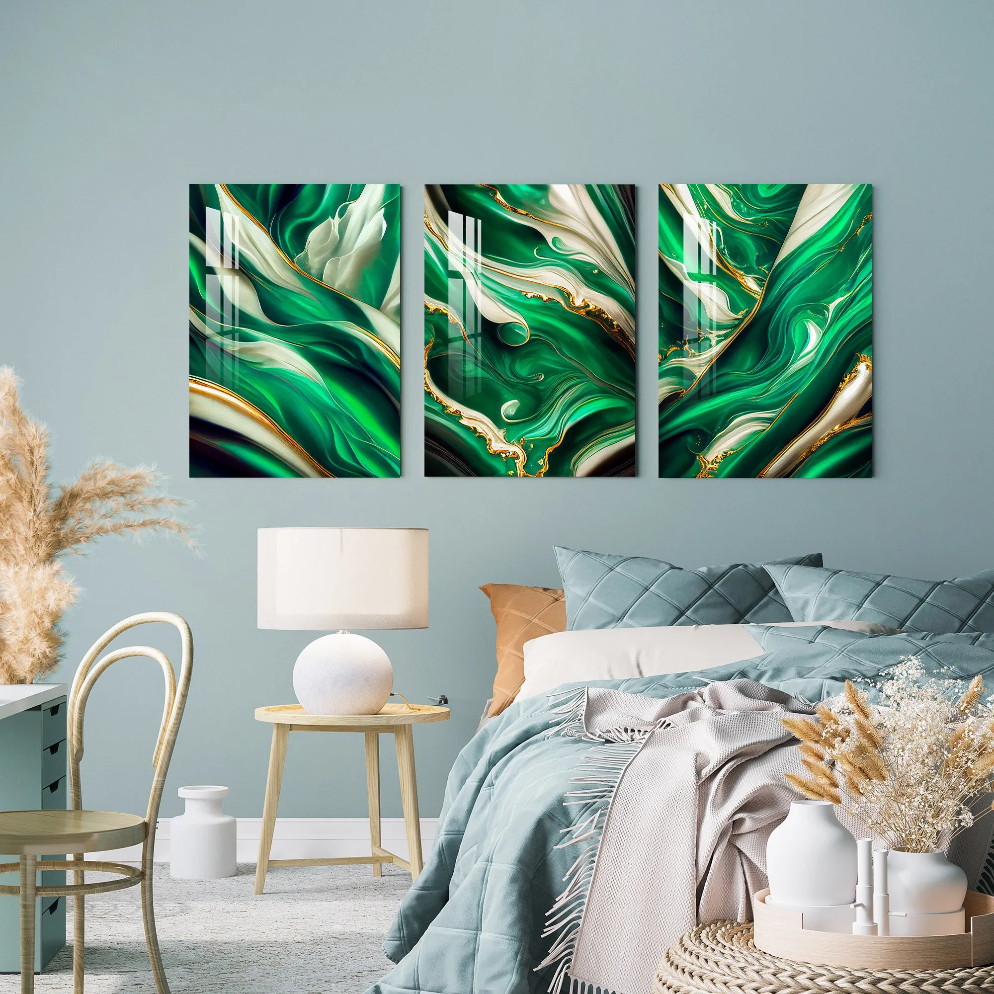 Abstract Green Waves with Golden Foil Acrylic Wall Art (Set of 3)