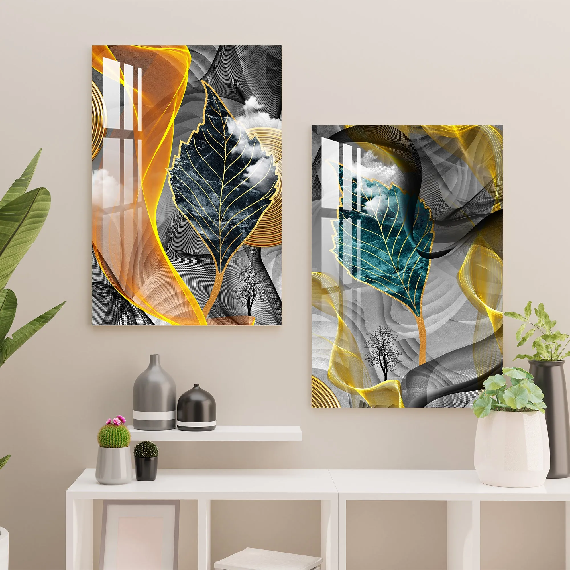 Abstract Leaves Acrylic Wall Art (Set Of 2)