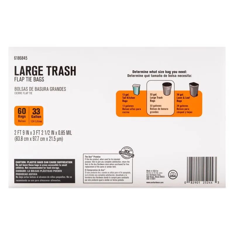 Ace 33 gal Trash Bags Flap Tie 60 pk 0.85 mil