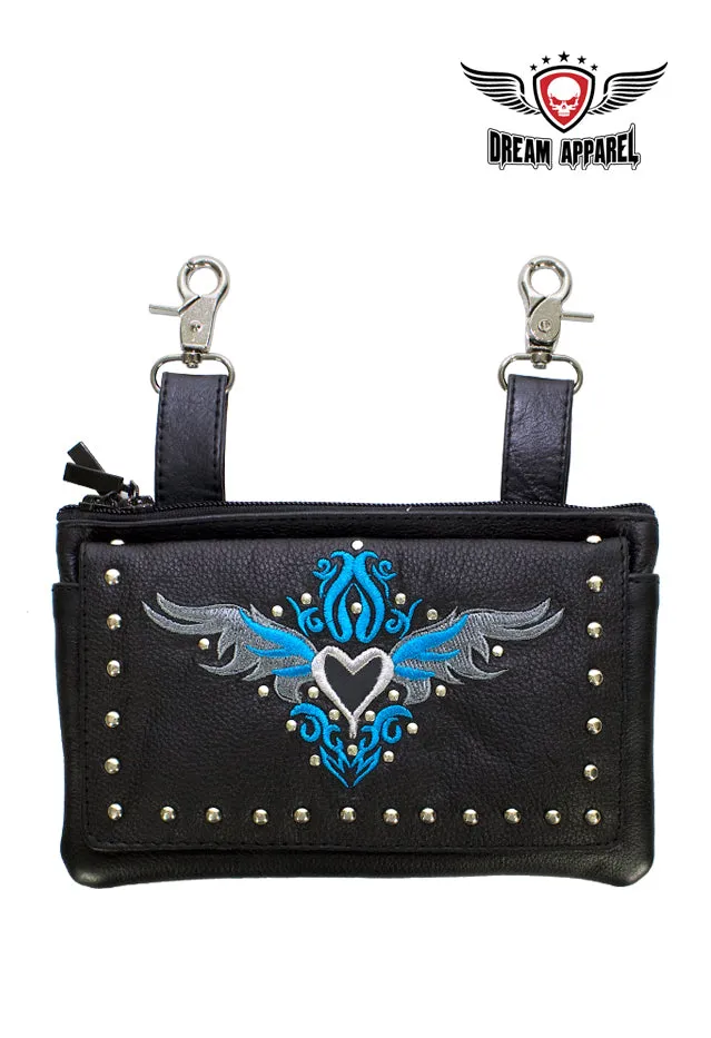 All Naked Cowhide Leather Belt Bag with Turquoise/Gray Heart and Studs