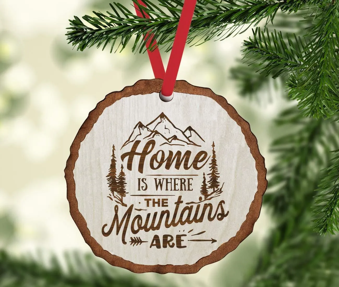 Andaz Press Real Wood Rustic Christmas Ornament, Engraved Wood Slab, Home is Where The Mountains are