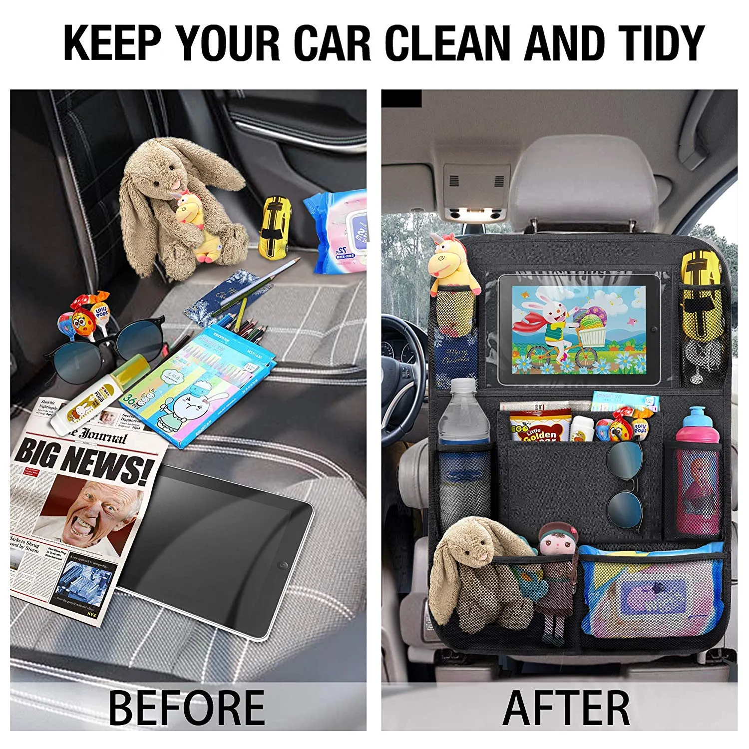 Anypack Car Back Seat Organizer Black 1pc with Touch Screen Tablet Holder Kick Mats with Pocket for Toys