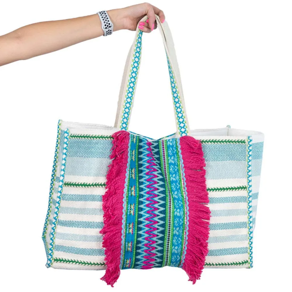 Aqua Blue and Green Striped Wholesale Beach Tote Bag