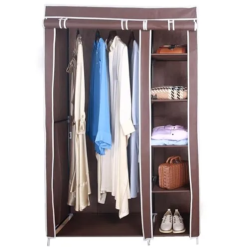 AROME PUR Fabric Canvas Wardrobe Organizer Clothes Rail Shelves Storage Closet Double Tall (Brown)