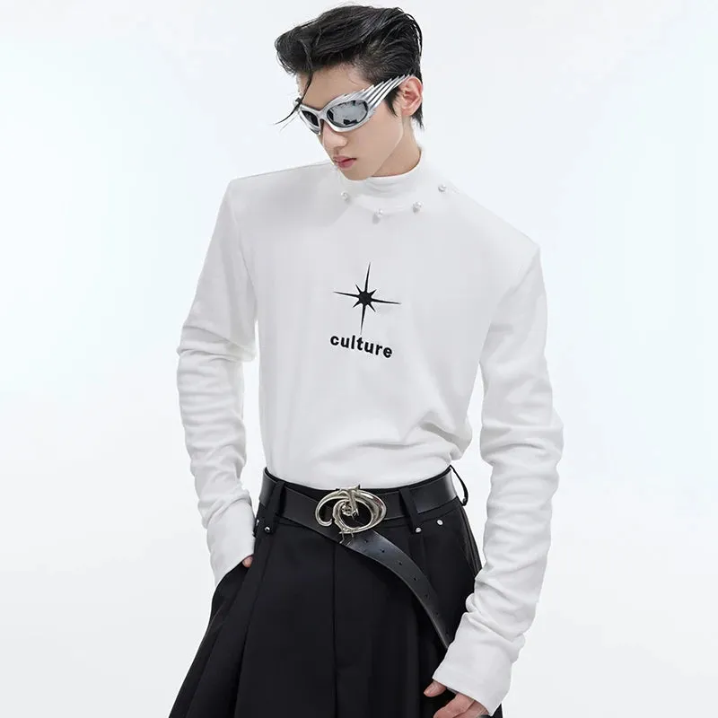 Autumn Trendy Men's Wear Men's T-shirt Stand Collar Pearl Decoration Print Contrast Color Slim Long Sleeve Top 9C4452