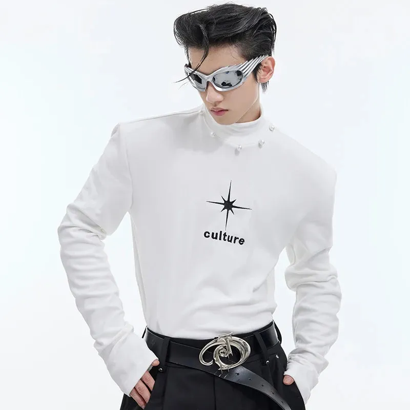 Autumn Trendy Men's Wear Men's T-shirt Stand Collar Pearl Decoration Print Contrast Color Slim Long Sleeve Top 9C4452