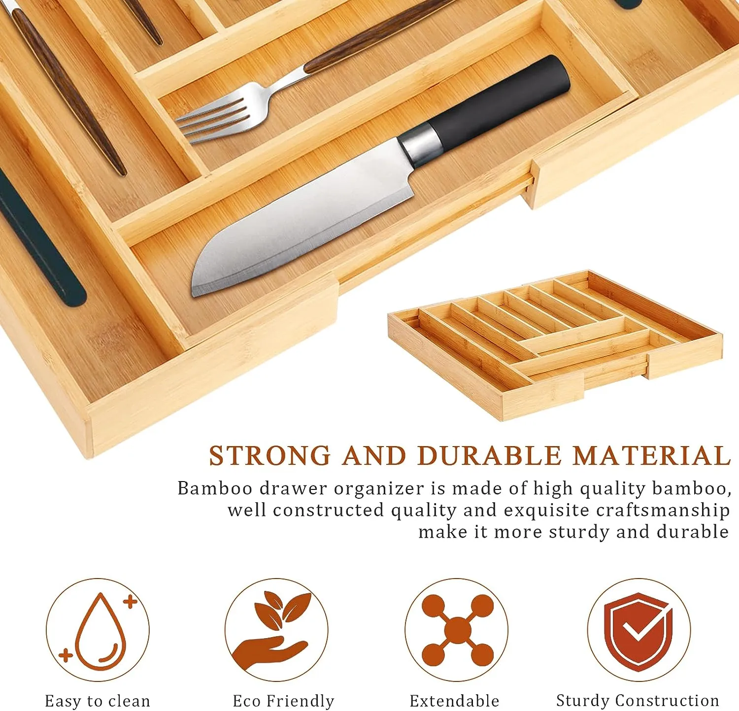 Bamboo Expandable Drawer Organizer for Utensils-9 Compartments