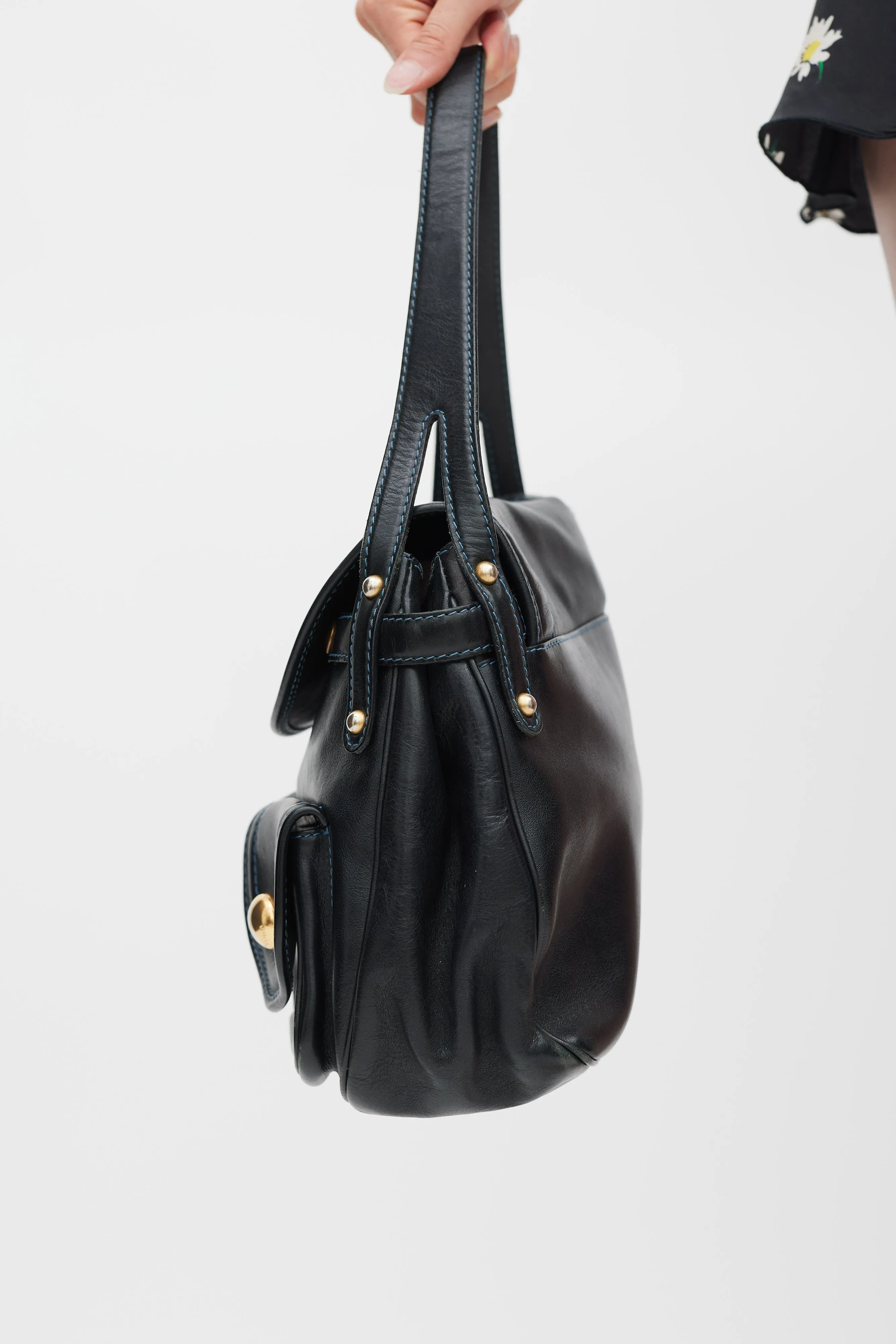 Black & Gold Leather Contrast Stitch Bag