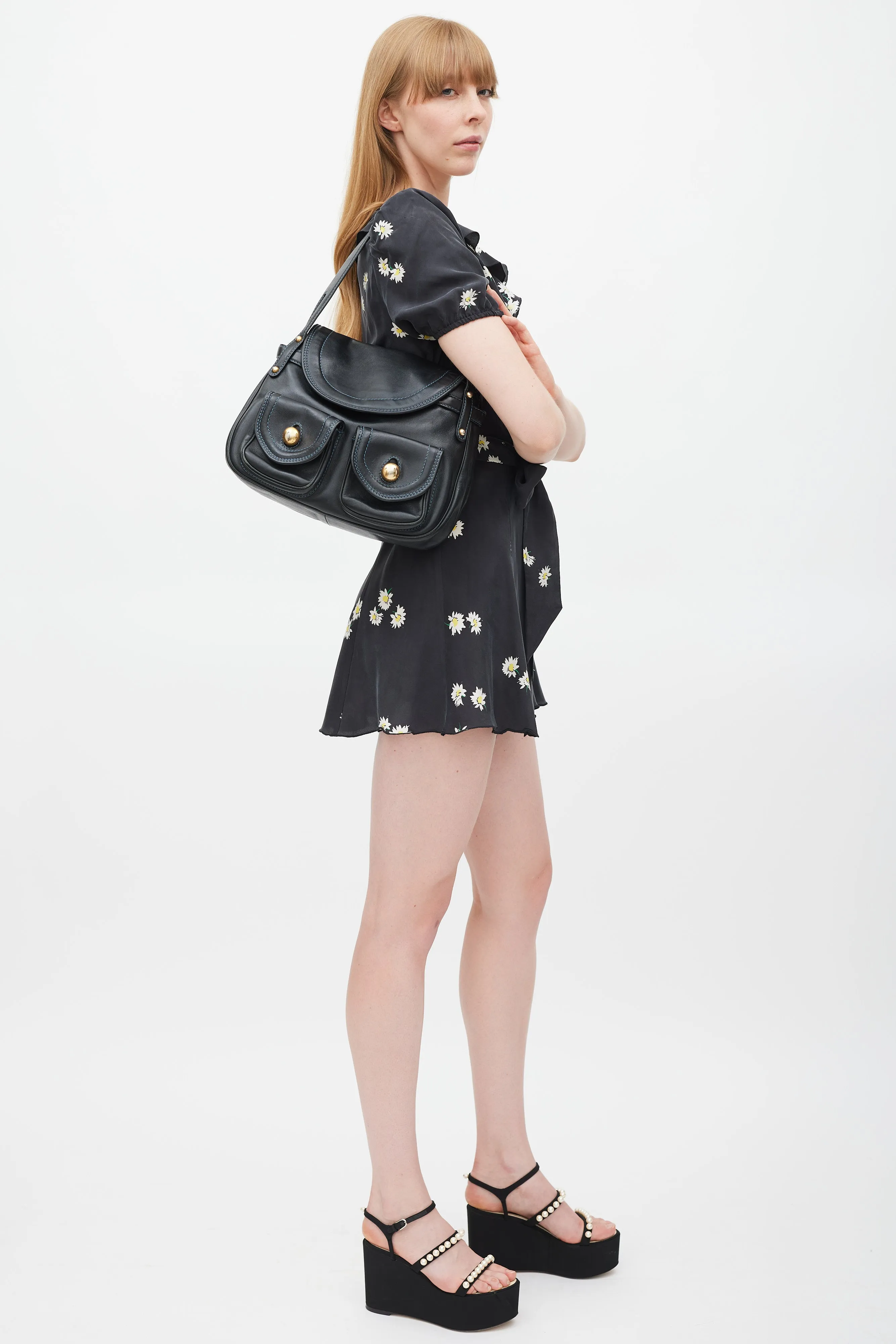 Black & Gold Leather Contrast Stitch Bag