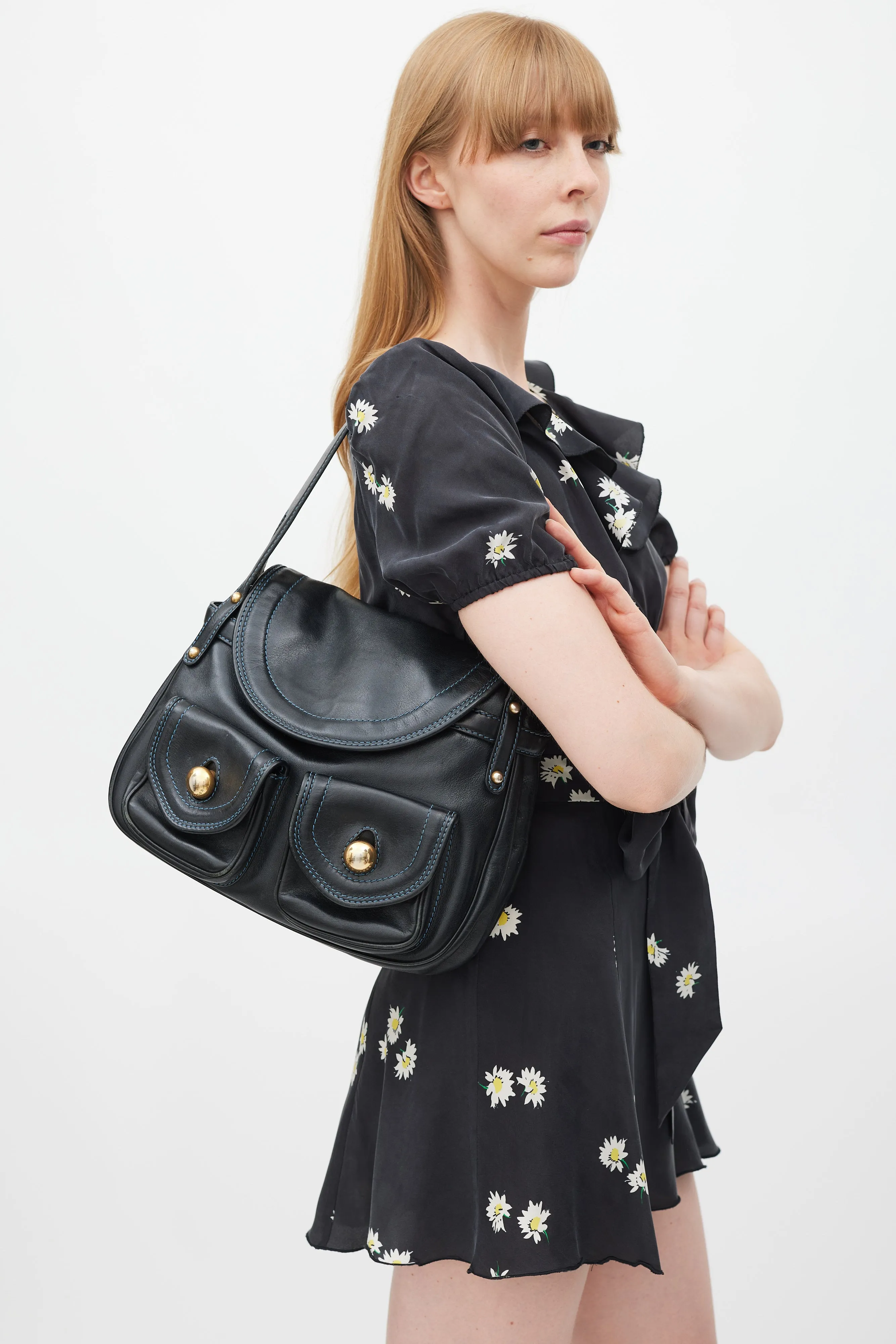 Black & Gold Leather Contrast Stitch Bag