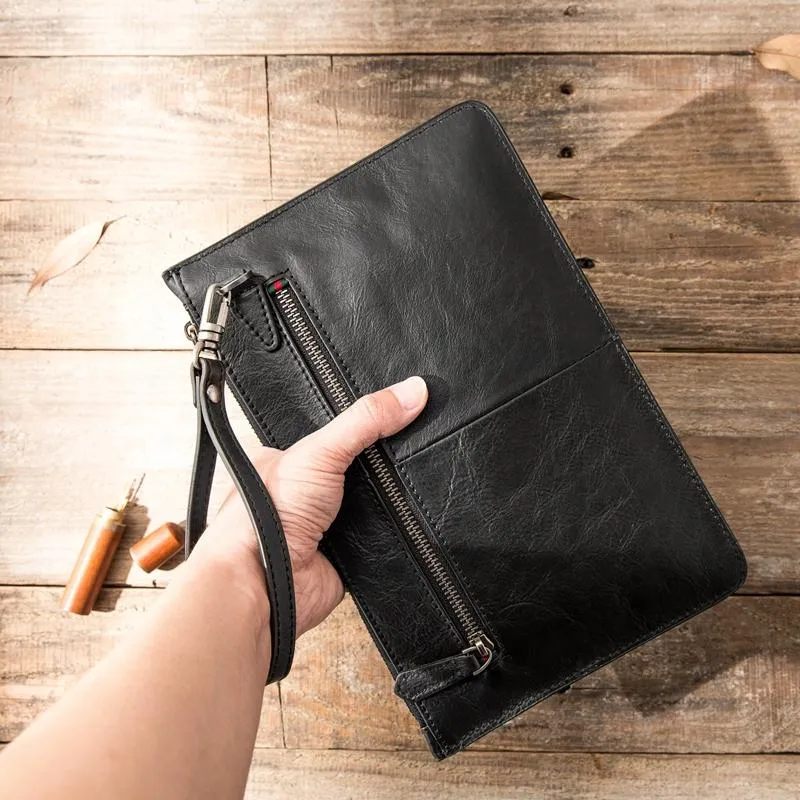 Black Cool Leather Mens Wristlet Bag Long Zipper Clutch Wallet Long Wallet Envelope Bag for Men