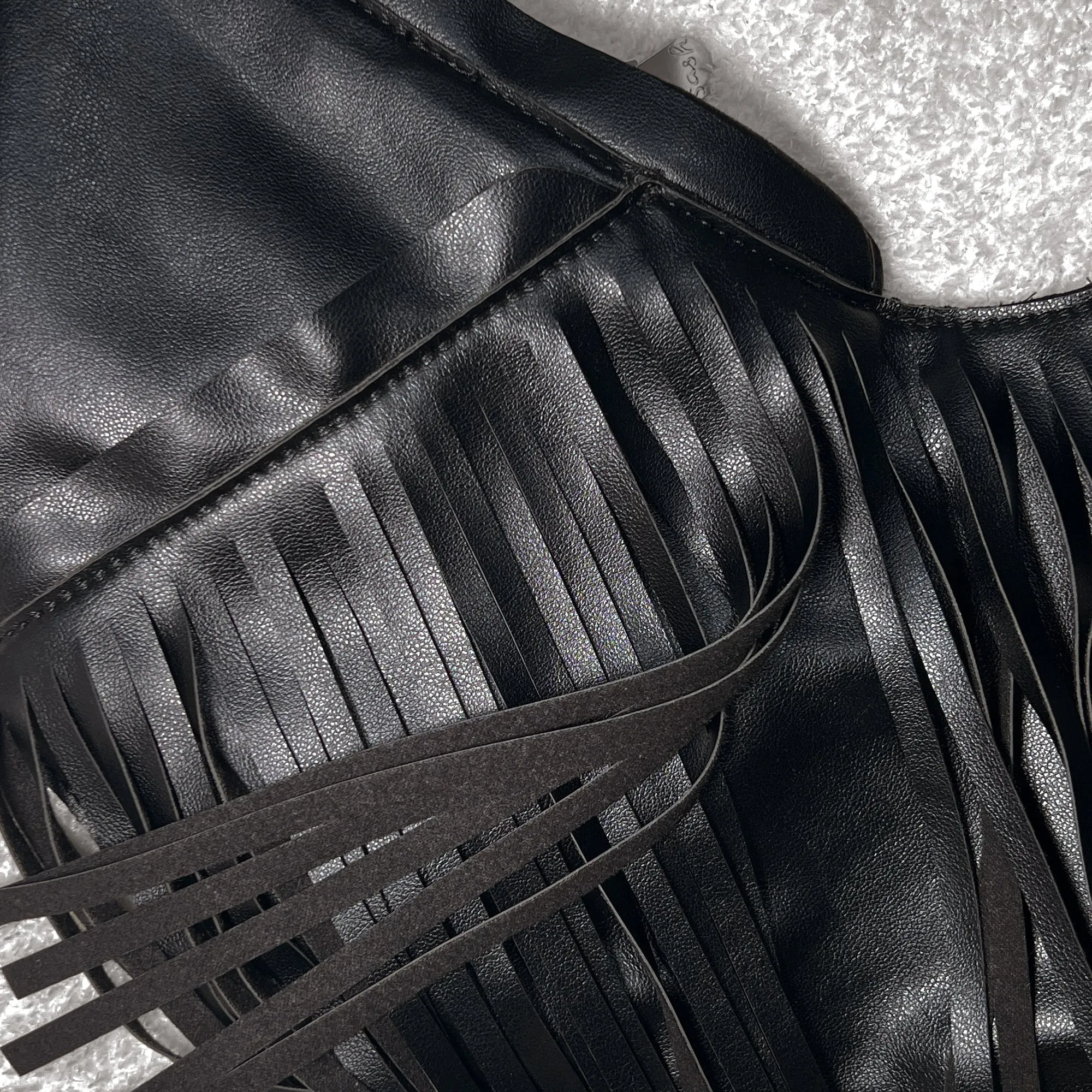 Black Faux Leather Fringe Sash Bag