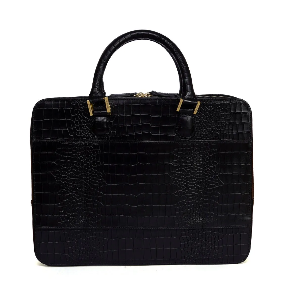 Black Laptop Briefcase In Croco Textured Leather