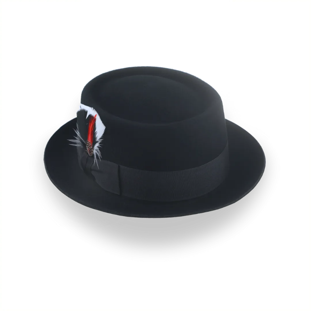 Black Porkpie Hat with Feather in Premium Wool Felt | The Jazzist