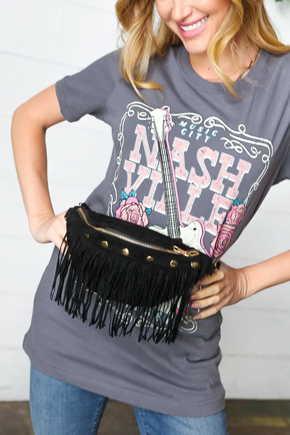 Black Vegan Suede Sling Fringe Fanny Pack/Crossbody