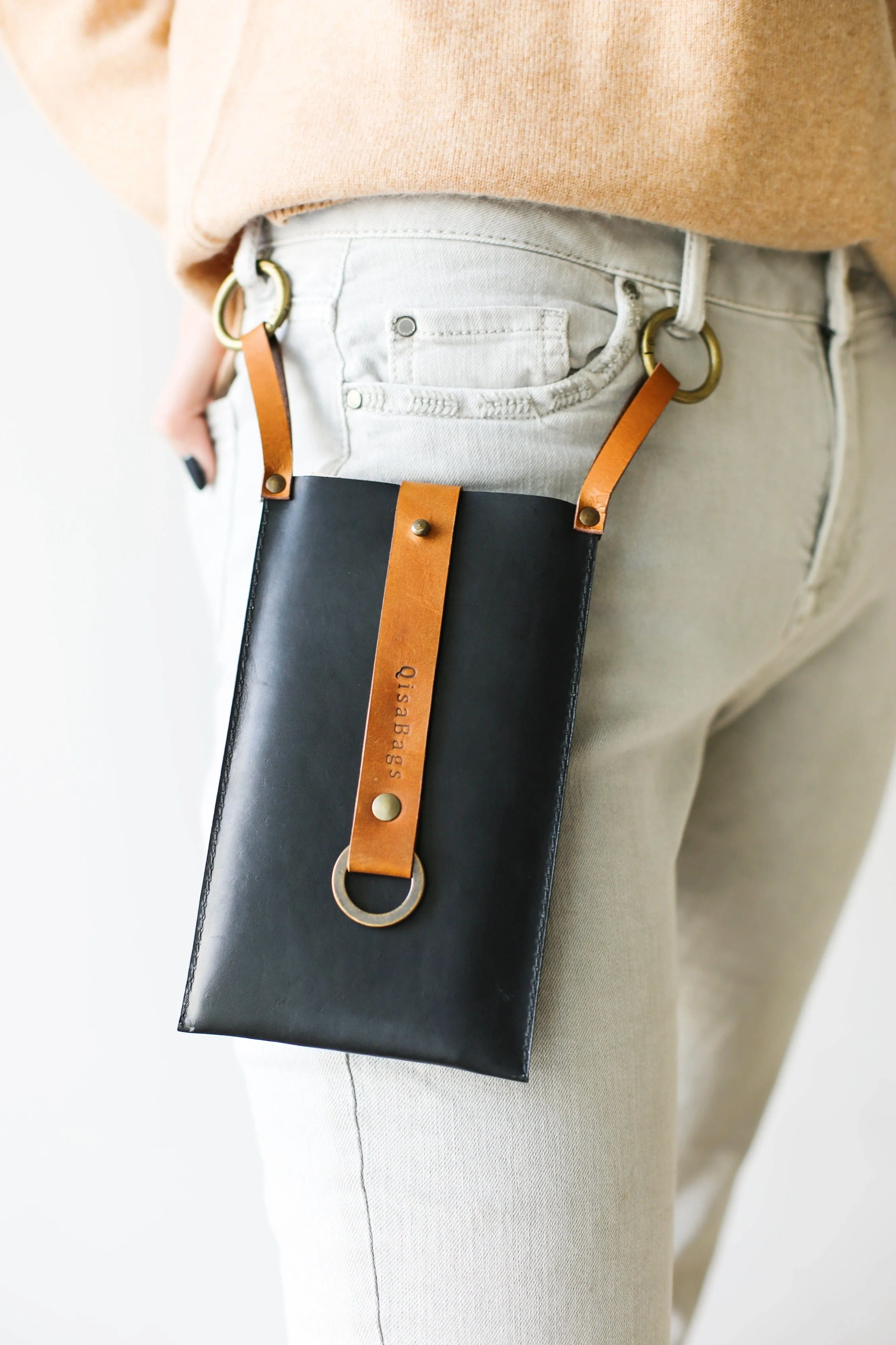 Black w/ Brown Leather Phone Bag