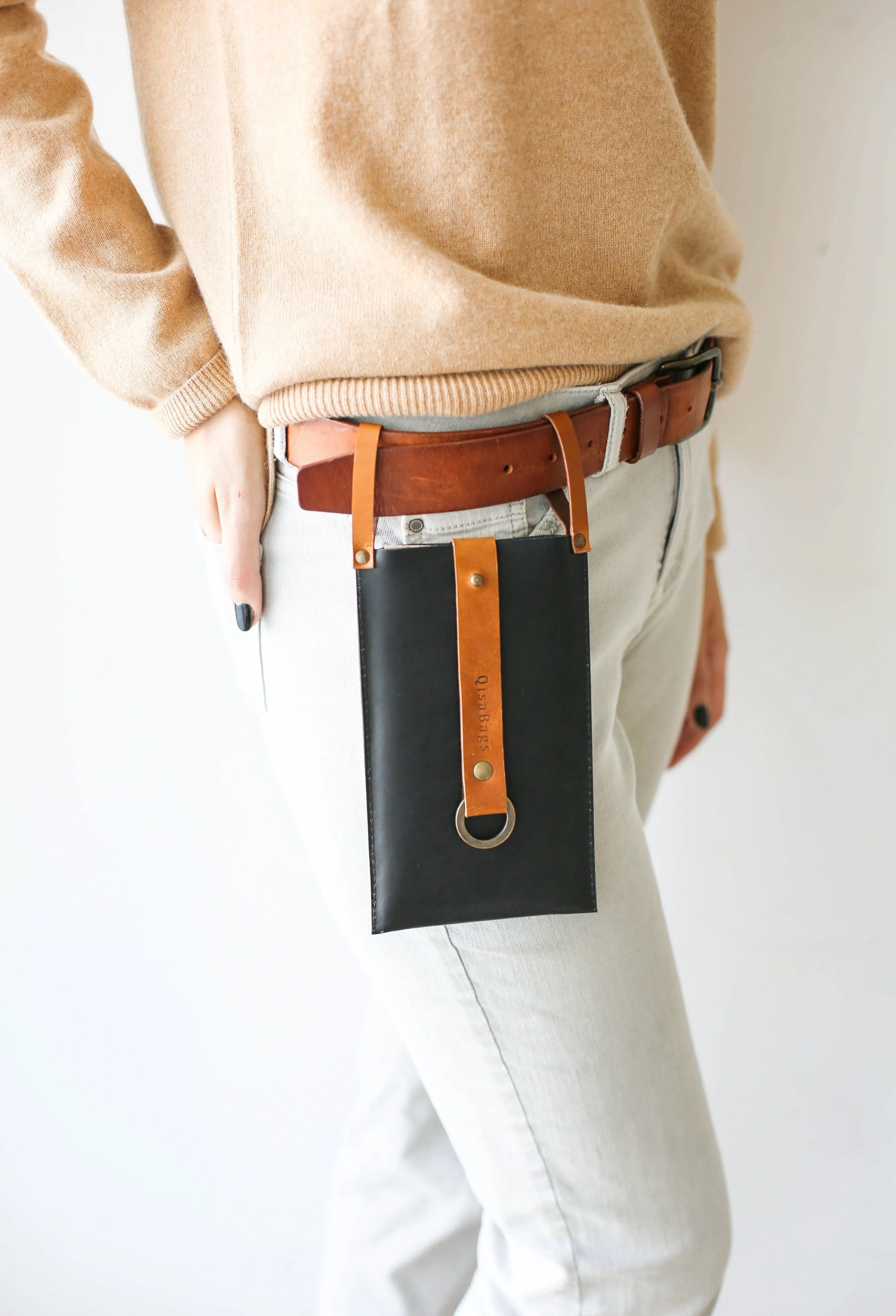 Black w/ Brown Leather Phone Bag