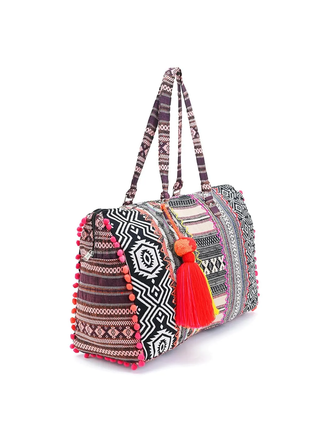 Boho Girl Oversized Travel Bag | Oversized Women Bag | Oversized Travel Bag for Women | Detailing with Colorful Pom Pom & Tassel | Two Slip Pockets Along with One Zip Pocket