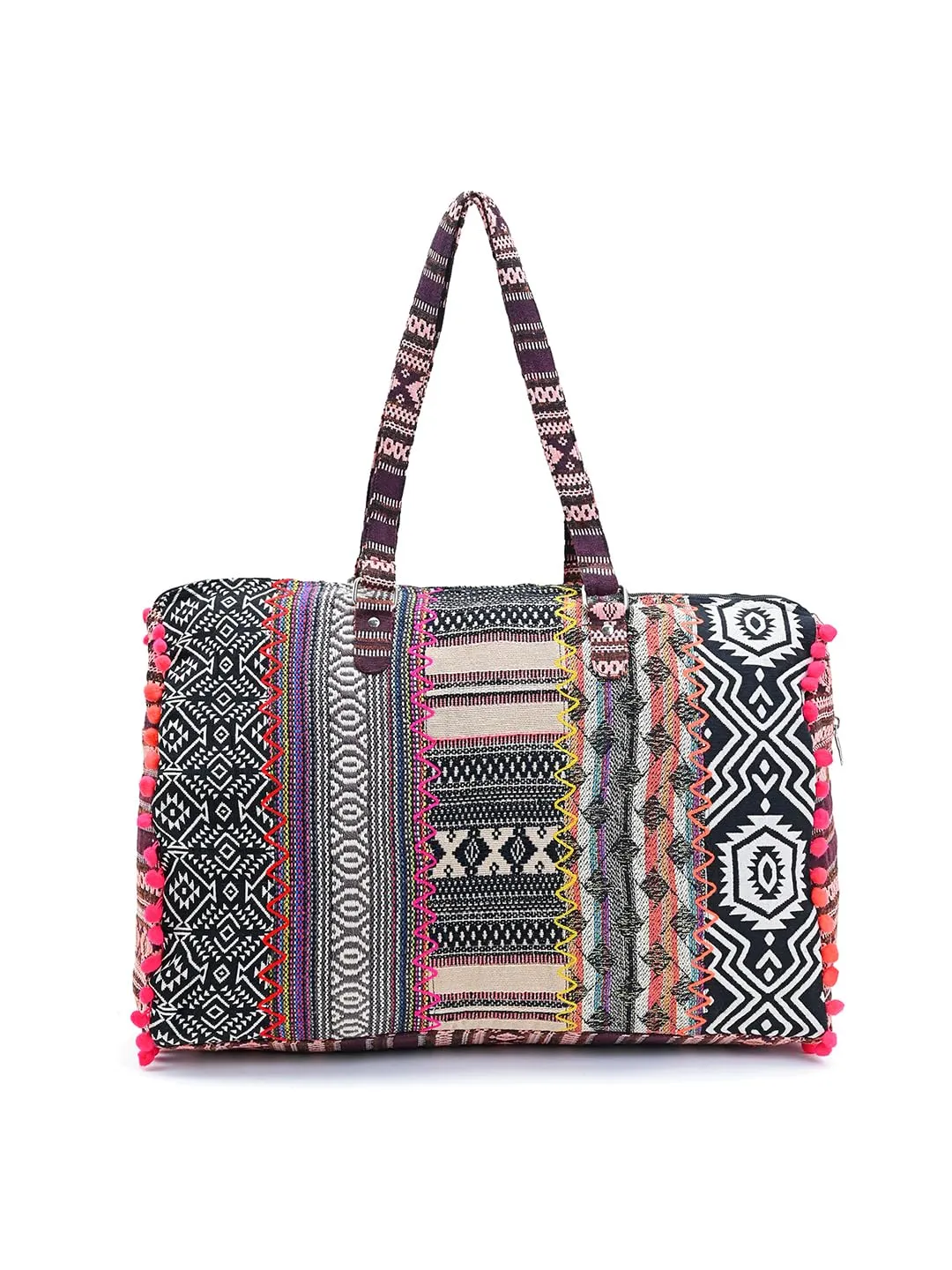 Boho Girl Oversized Travel Bag | Oversized Women Bag | Oversized Travel Bag for Women | Detailing with Colorful Pom Pom & Tassel | Two Slip Pockets Along with One Zip Pocket