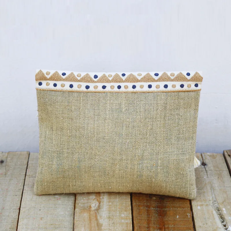 Boho pouch, moroccan, natural color linen bag, foldover embroidered clutch