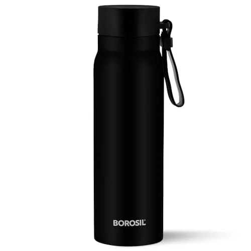 Borosil Hydra Bliss 500 ml Stainless Steel Vacuum Insulated Water Bottle, 13 hrs Hot & 12 Hrs Cold Thermos Flask, Leak Proof, Wide Mouth & Strap, for Home, Office, Sports, School & Outdoor uses, Black