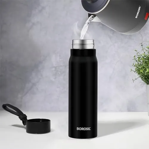 Borosil Hydra Bliss 500 ml Stainless Steel Vacuum Insulated Water Bottle, 13 hrs Hot & 12 Hrs Cold Thermos Flask, Leak Proof, Wide Mouth & Strap, for Home, Office, Sports, School & Outdoor uses, Black